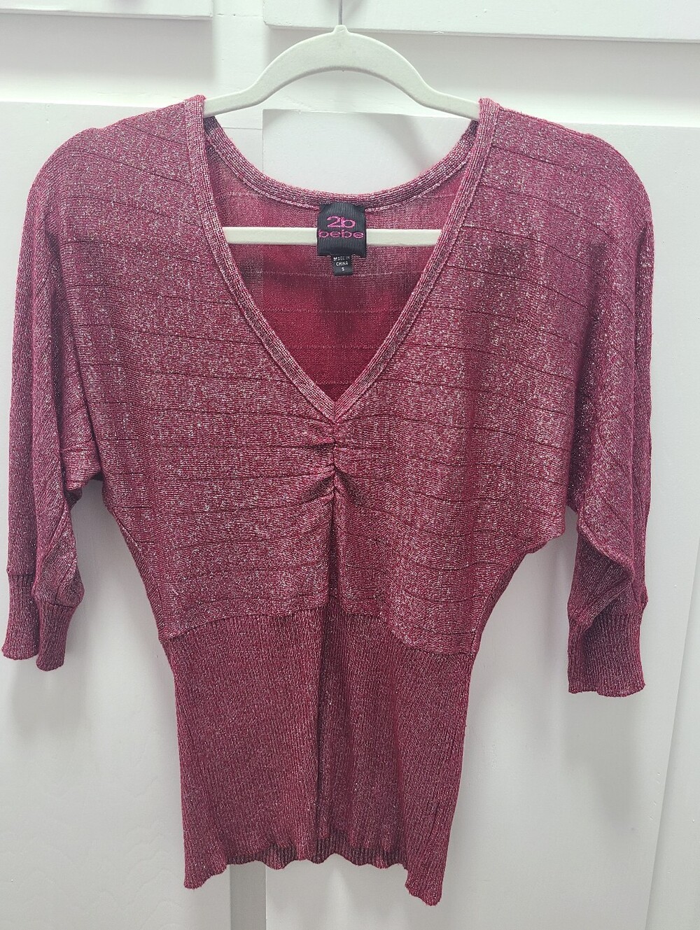 Vintage 2b Bebe Pink Metallic Knit Ruched V Neck Dolman Sleeve Sweater Top-S Y2K